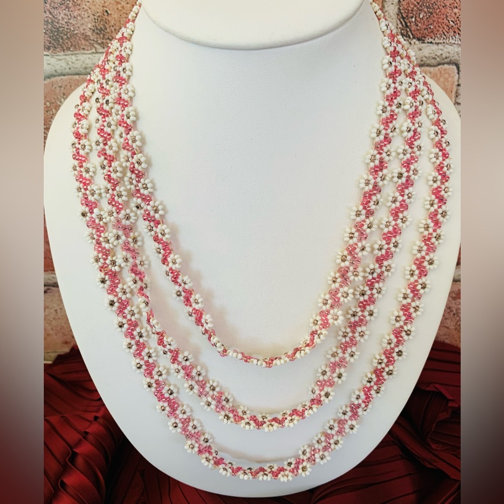 Hand Crafted Pink and White Floral Three Strand Seed Bead Necklace